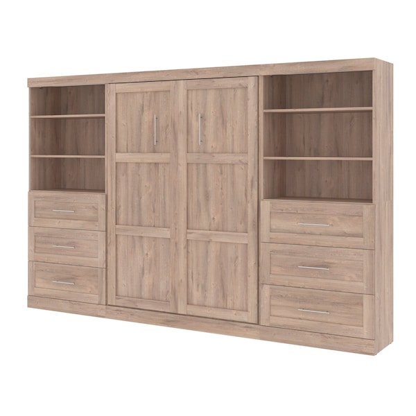 Pur Full Murphy Bed and 2 Shelving Units with Drawers (131W) in rustic brown